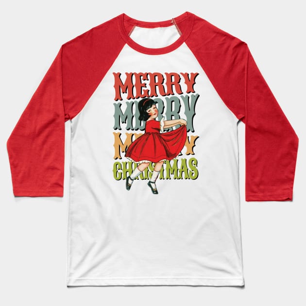 Retro Little Girl Merry Christmas Baseball T-Shirt by KewaleeTee